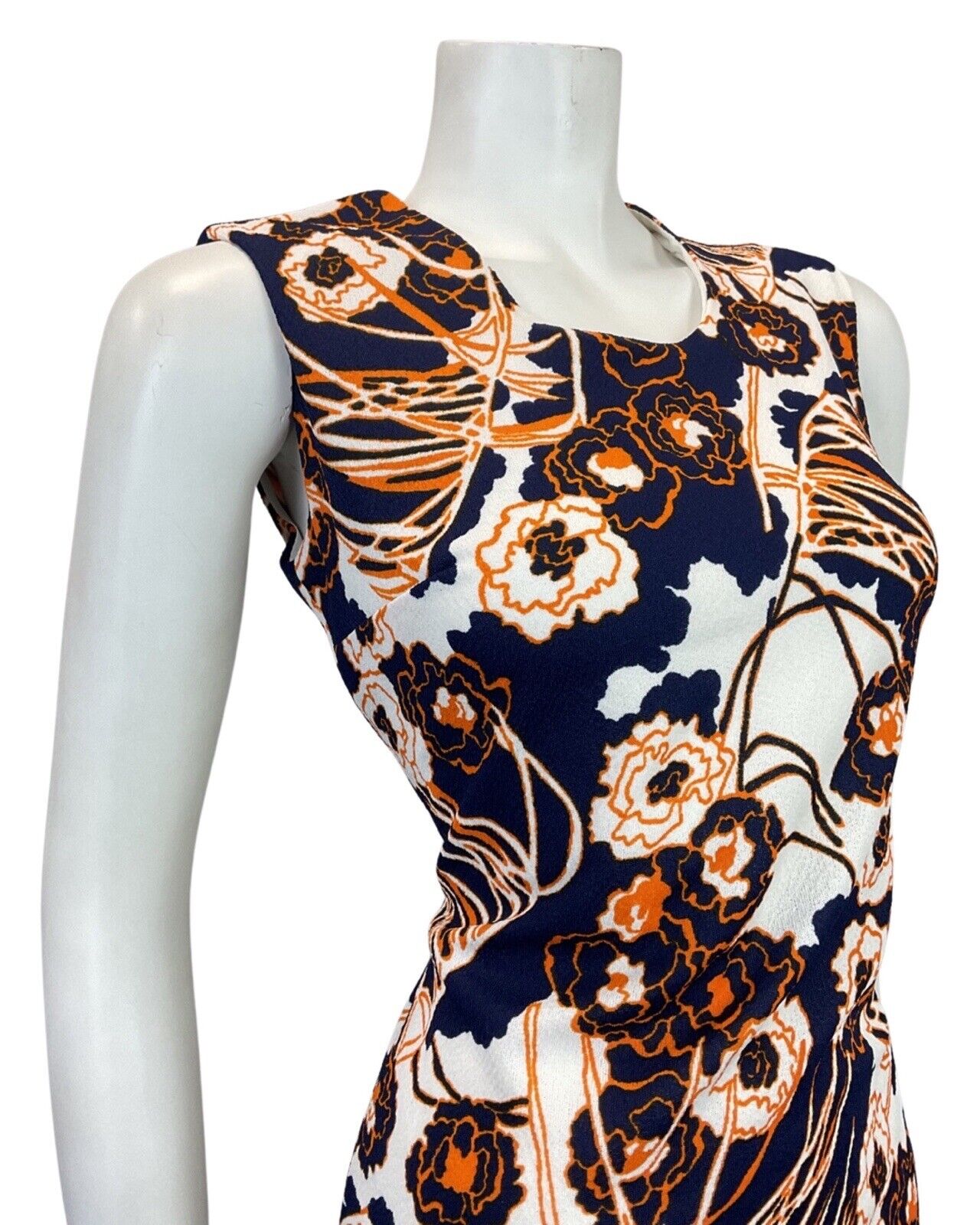 VINTAGE 60s 70s BLUE WHITE ORANGE PSYCHEDELIC FLORAL MOD SLEEVELESS DRESS 10