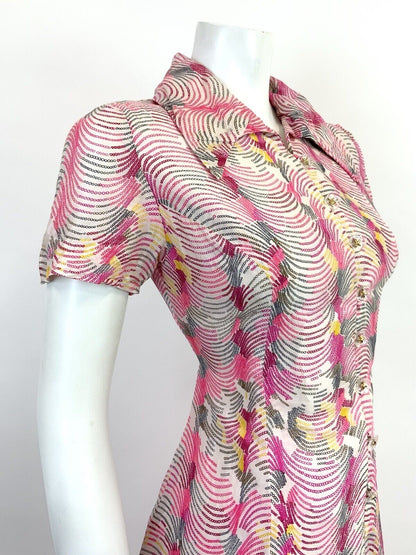 VTG 60s 70s PINK YELLOW WHITE WAVY PSYCHEDELIC WING COLLAR MOD SHIRT DRESS 10 12