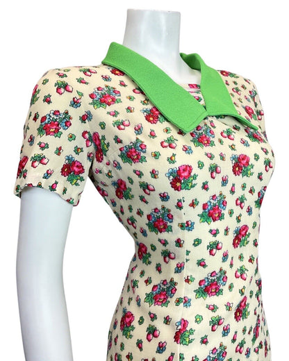 VTG 60s 70s CREAM GREEN RED PINK FLOWER DITSY CHELSEA COLLAR WIGGLE DRESS 12 14