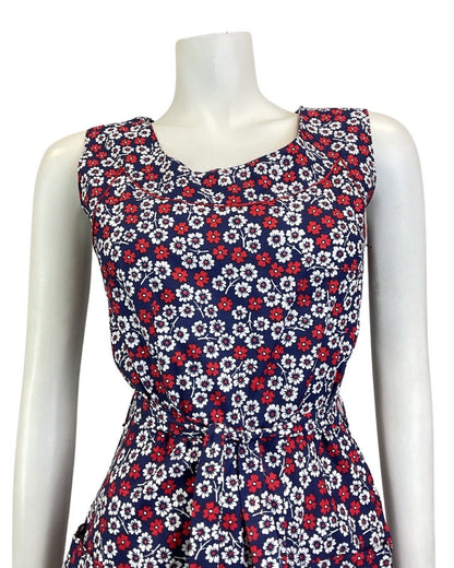 VINTAGE 60s 70s BLUE RED WHITE DAISY FLOWER SLEEVELESS SWING SUMMER DRESS 8