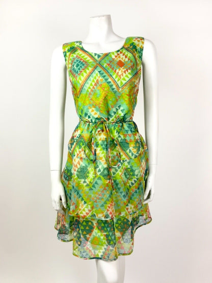 VINTAGE 60s 70s GREEN BLUE RED WHITE AZTEC GEOMETRIC TIERED SHEER DRESS 10 12