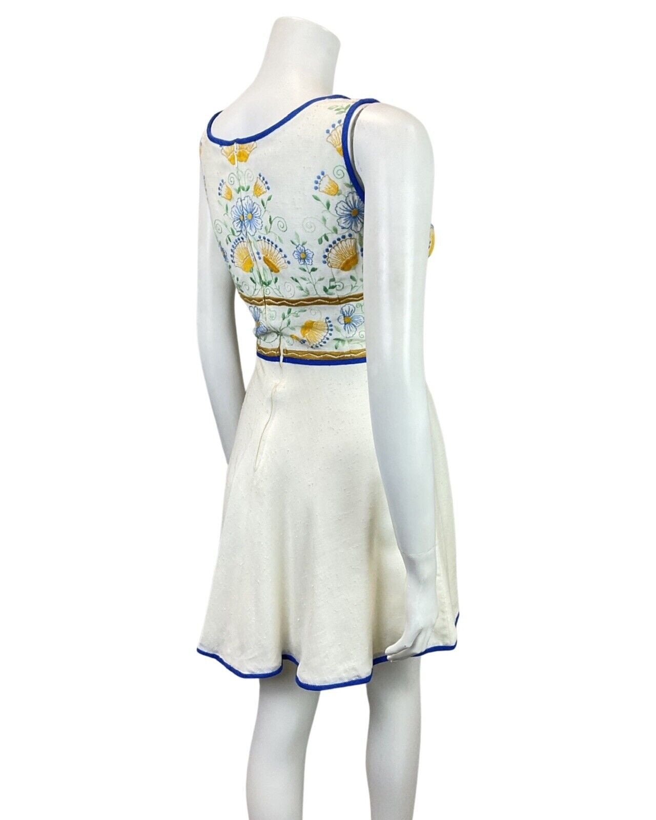 VINTAGE 60s 70s CREAM BLUE YELLOW FLORAL EMBROIDERED SLEEVELESS DRESS 10