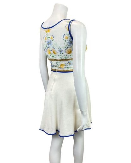 VINTAGE 60s 70s CREAM BLUE YELLOW FLORAL EMBROIDERED SLEEVELESS DRESS 10