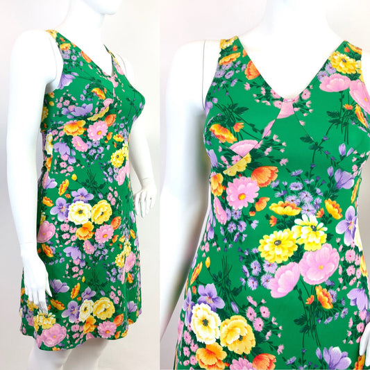VINTAGE 60s 70s GREEN PURPLE YELLOW FLORAL SLEEVELESS SUMMER SWING DRESS 14