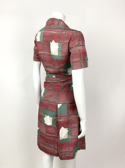 VINTAGE 60s 70s RED GREEN BEIGE WHITE GEOMETRIC STRIPED DAGGER SHIRT DRESS 12 14