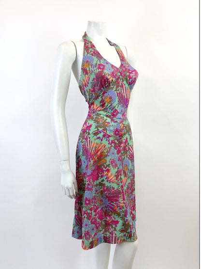 VINTAGE 60s 70s GREEN PINK ORANGE FLORAL HAWAIIAN HALTER MOD SWING DRESS 8 10