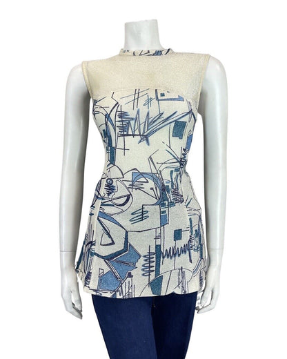 VINTAGE 60s 70s WHITE SILVER BLUE GEOMETRIC MOD LUREX SLEEVELESS TUNIC TOP 8 10
