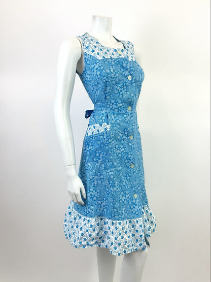 VINTAGE 60s 70s BRIGHT BLUE WHITE DOTTY FLORAL SLEEVELESS MOD SUMMER DRESS 10 12