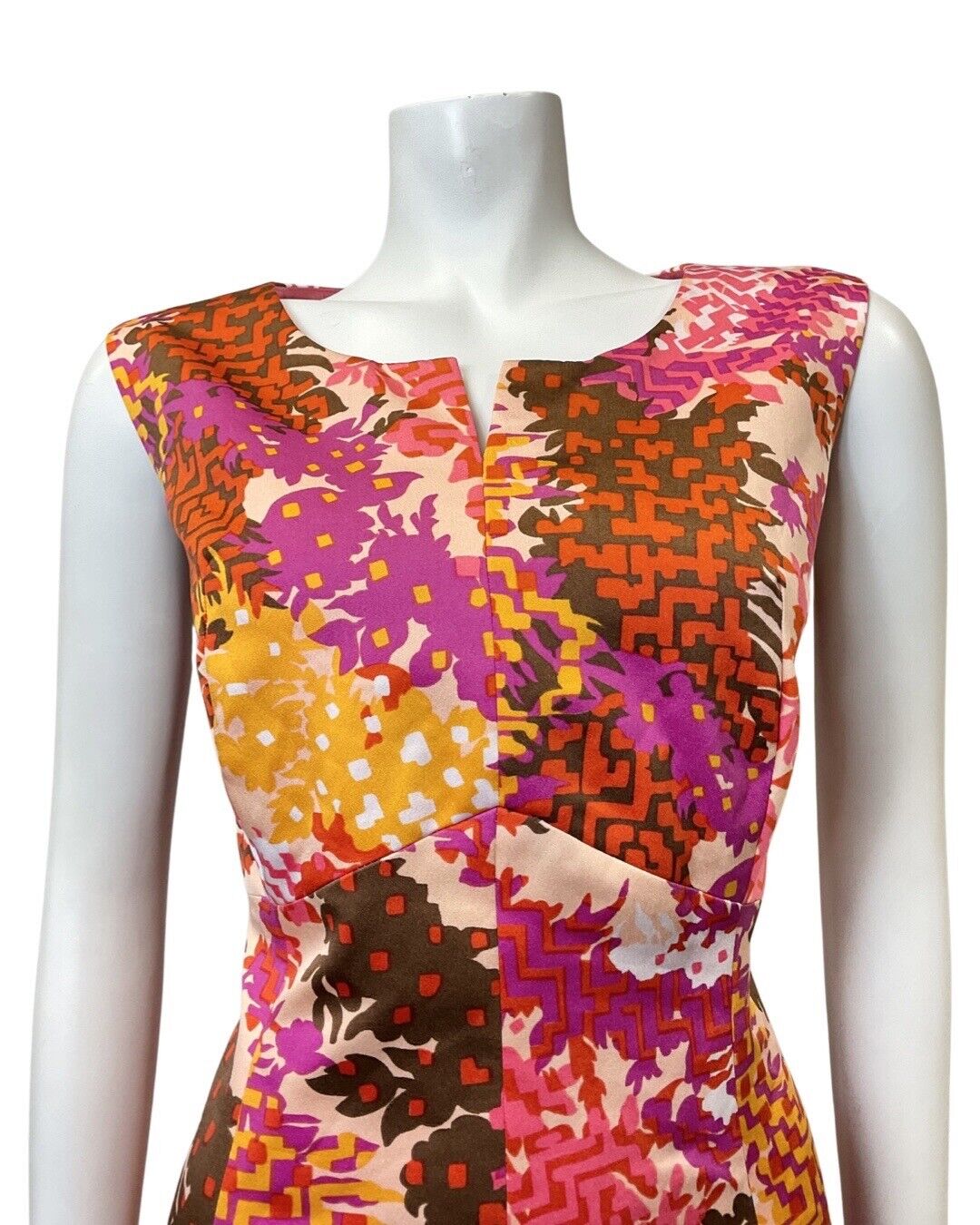 VTG 60s 70s PINK PURPLE YELLOW PSYCHEDELIC FLORAL GEOMETRIC SLEEVELESS DRESS 14