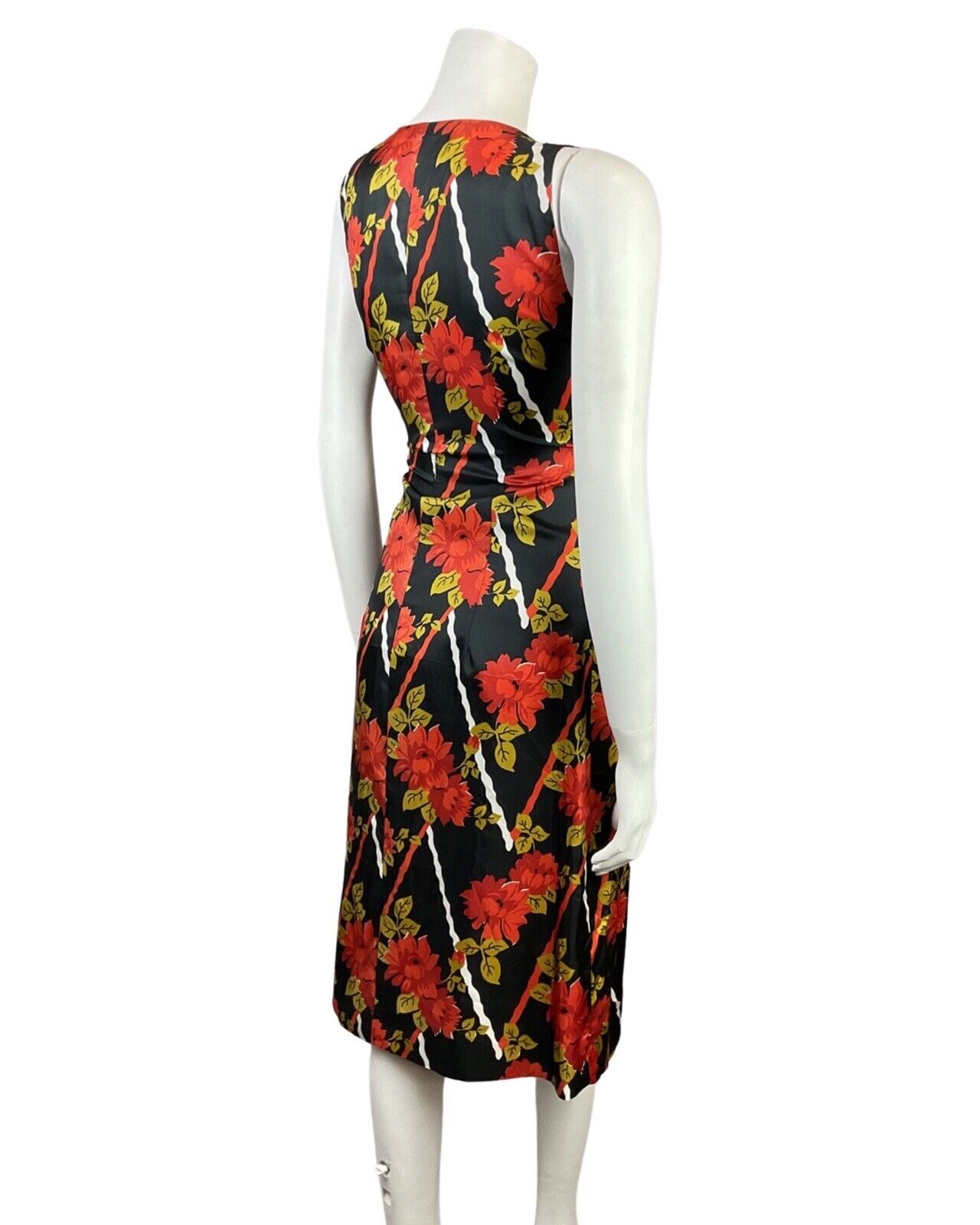 VINTAGE 60s 70s BLACK RED GOLD FLORAL SLEEVELESS SUMMER DRESS 8
