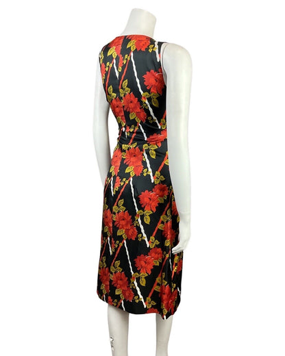 VINTAGE 60s 70s BLACK RED GOLD FLORAL SLEEVELESS SUMMER DRESS 8