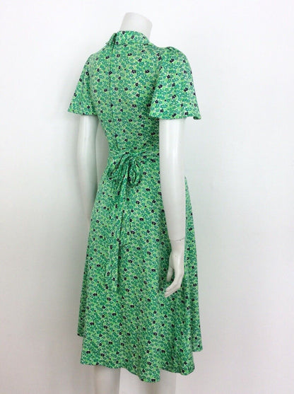 VINTAGE 60s 70s DITSY FLORAL DRESS FLUTTER SLEEVE GREEN BLUE WHITE 8 10