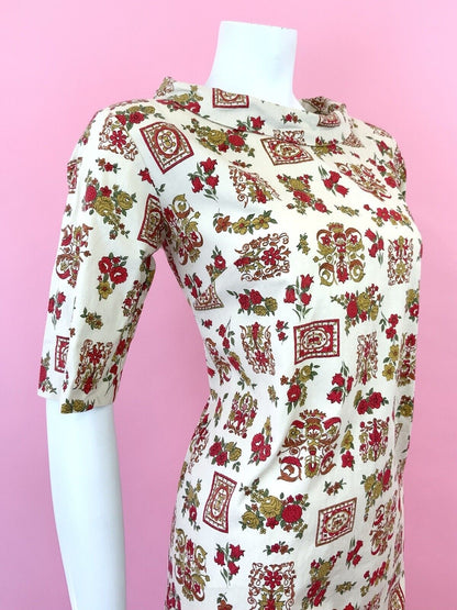 VINTAGE 60s 70s CREAM GREEN RED ORNATE FLORAL ROSE DECO MOD SHIFT DRESS 10