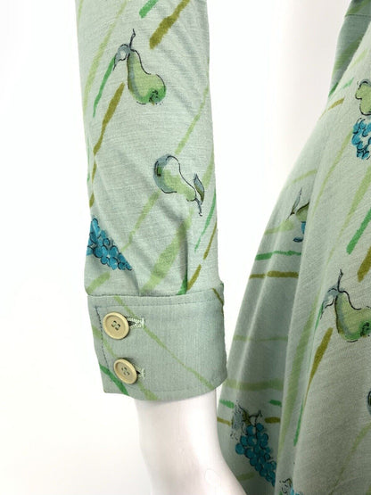 VTG 60s 70s GREEN BLUE YELLOW STRIPED FRUIT GRAPES MOD DAGGER SHIRT DRESS 8 10