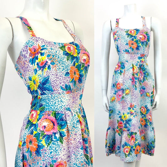 VTG 60s 70s WHITE BLUE PINK PURPLE FLORAL POINTILLISM PSYCHEDELIC SUN DRESS 8 10