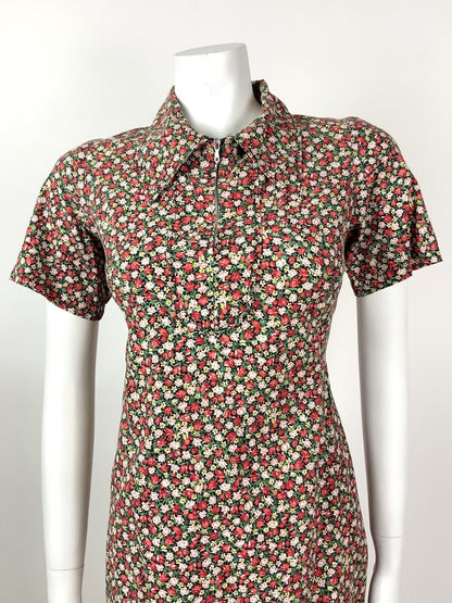VINTAGE 60s 70s RED PINK GREEN FLORAL DITSY ROSE DAGGER SHIRT DRESS 12