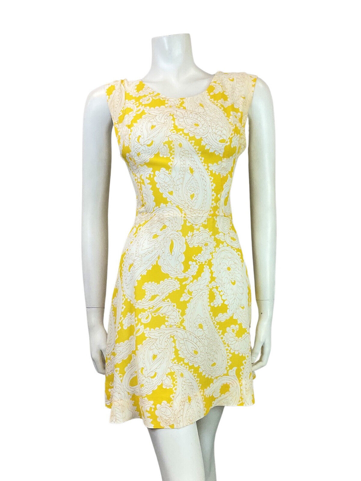 VINTAGE 60s 70s SUNSHINE YELLOW WHITE FLORAL PAISLEY MOD SLEEVELESS DRESS 10 12