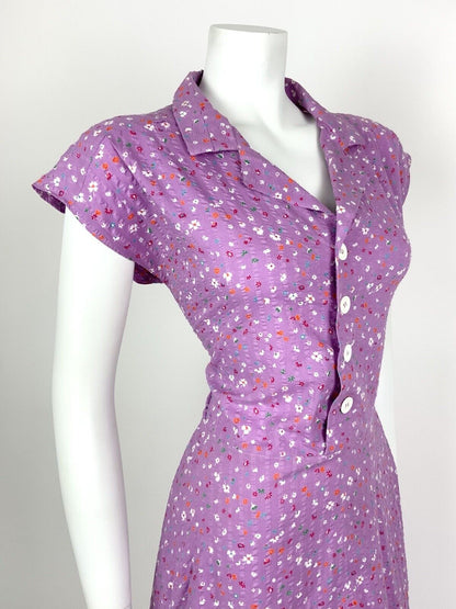 VINTAGE 70s PURPLE ORANGE WHITE BLUE DITSY FLORAL REVERS SHIRT DRESS 12