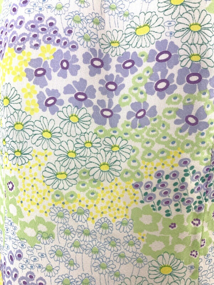 VTG 60s 70s GREEN PURPLE WHITE YELLOW FLORAL PSYCHEDELIC DROP WAIST DRESS 12 14