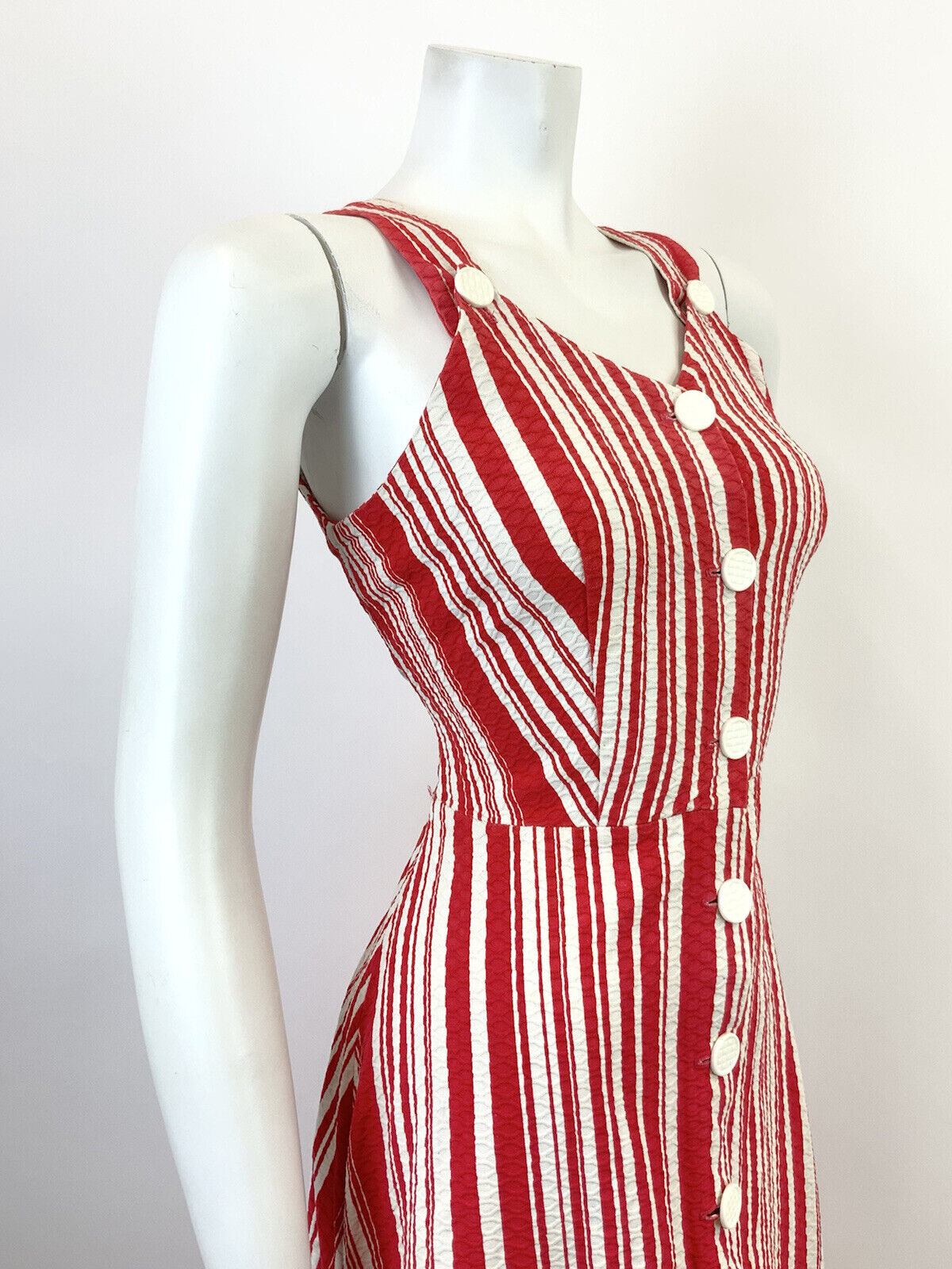 VINTAGE 60s 70s RED WHITE CANDY STRIPED SWEETHEART SLEEVELESS MOD SUN DRESS 8 10