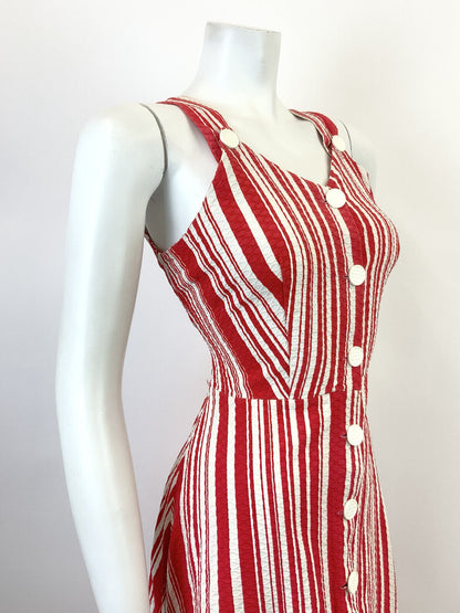 VINTAGE 60s 70s RED WHITE CANDY STRIPED SWEETHEART SLEEVELESS MOD SUN DRESS 8 10