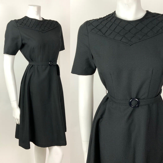 VINTAGE 60s 70s BLACK GRID CHECKED BELTED MOD SWING DRESS 10