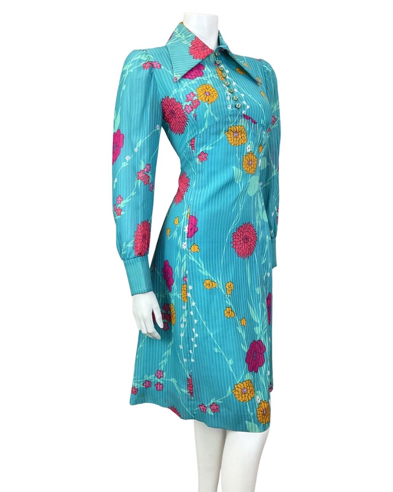 VINTAGE 60s 70s TEAL BLUE PINK ORANGE STRIPED FLORAL DAGGER SHIRT DRESS 10