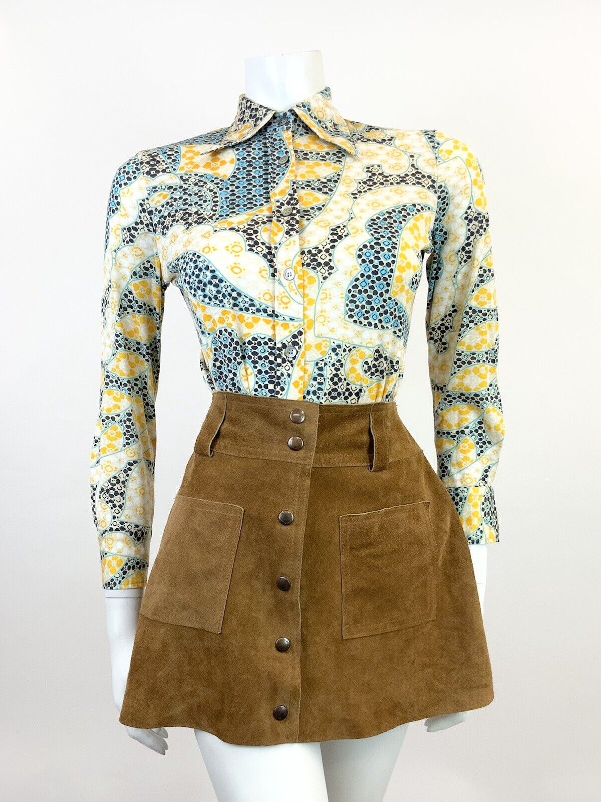 VINTAGE 60s 70s CREAM YELLOW BLUE PSYCHEDELIC FLORAL MOD DAGGER SHIRT 8 10