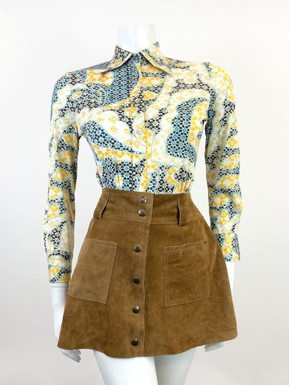 VINTAGE 60s 70s CREAM YELLOW BLUE PSYCHEDELIC FLORAL MOD DAGGER SHIRT 8 10