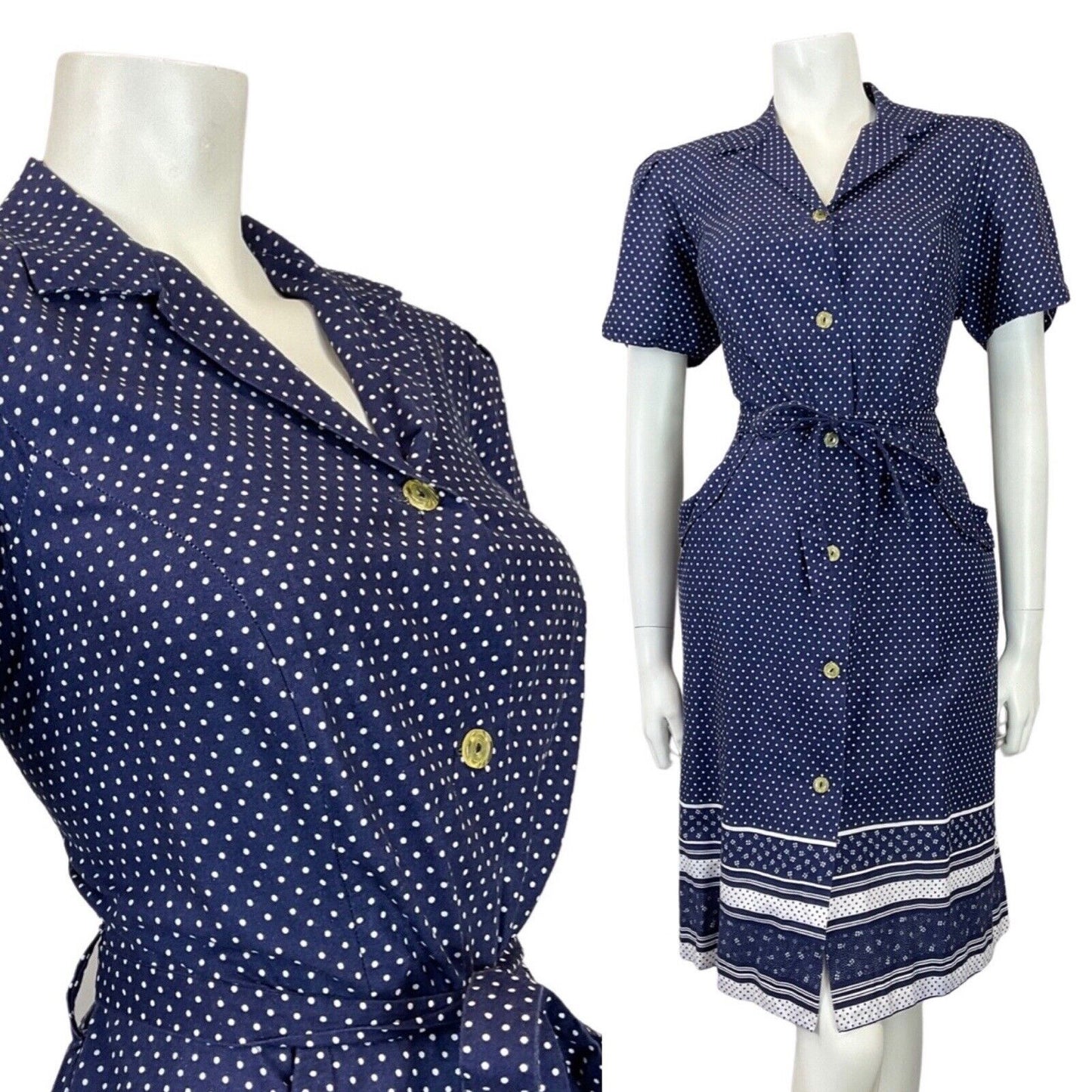 VINTAGE 60s 70s NAVY BLUE WHITE POLKA-DOT DITSY FLOWER SHIRT DRESS 12 14
