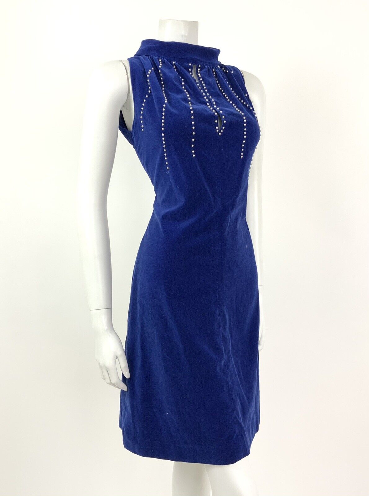 VINTAGE 60s ELECTRIC BLUE PEARL BEADED VELVET WIGGLE CUT OUT DRESS 10 12