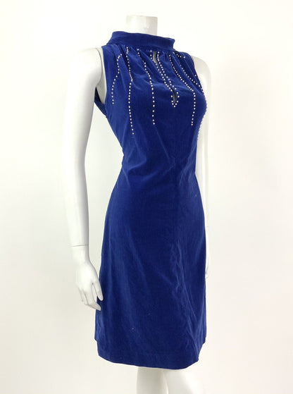 VINTAGE 60s ELECTRIC BLUE PEARL BEADED VELVET WIGGLE CUT OUT DRESS 10 12