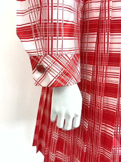 VINTAGE 60s 70s RED WHITE CHECKED PLAID MOD DAGGER COLLAR SHIRT DRESS 12