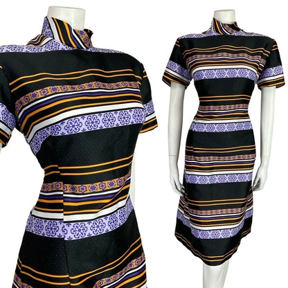 VTG 60S BLACK PURPLE YELLOW MOG GOGO FUNNEL NECK FLORAL STRIPED PARTY DRESS 16