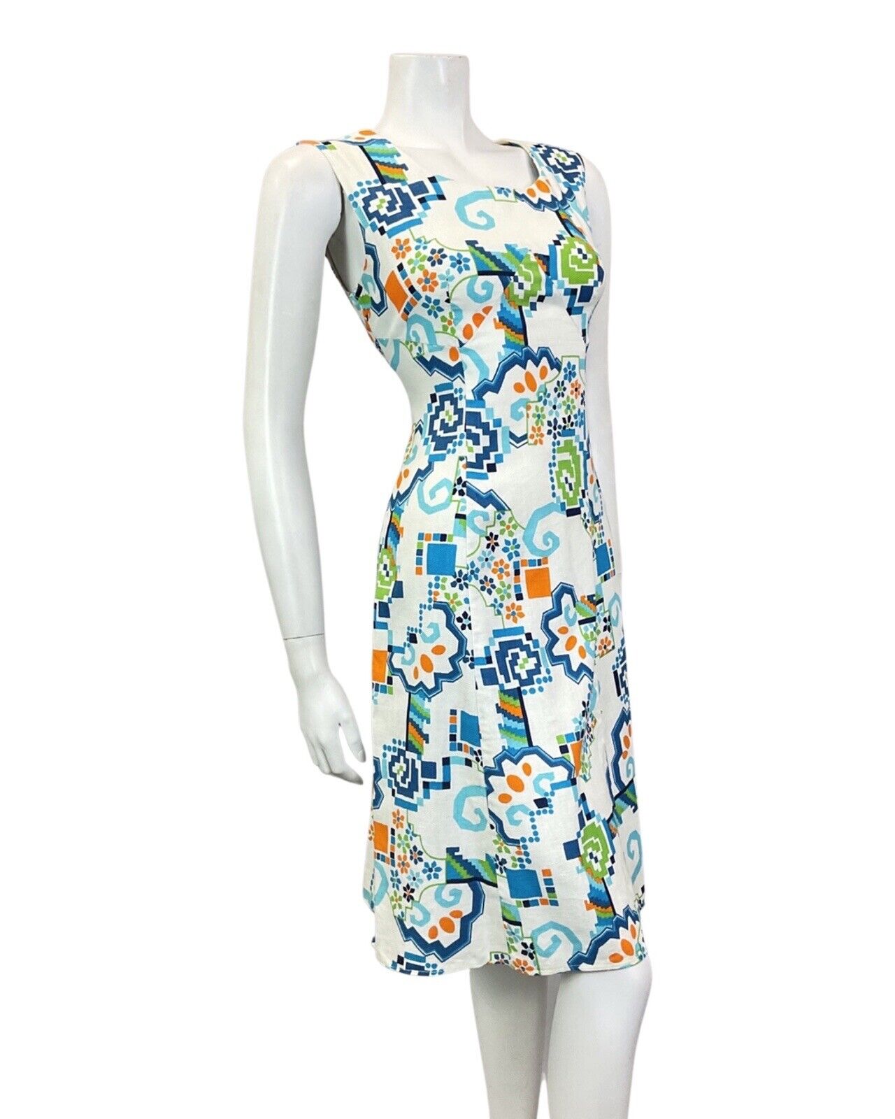 VINTAGE 60s 70s WHITE BLUE ORANGE GEOMETRIC FLORAL MOD SUMMER SUN DRESS 8 10
