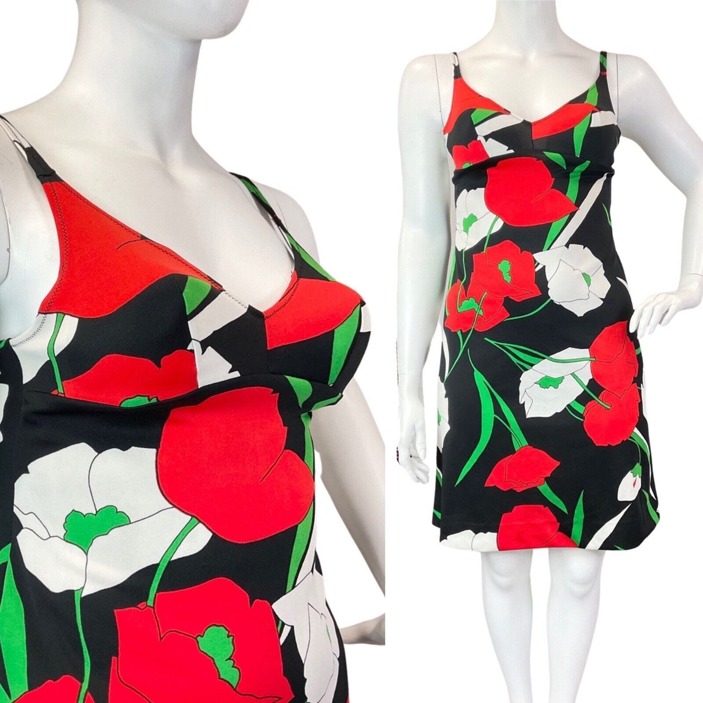 VINTAGE 60s 70s BLACK RED GREEN POPPY FLOWER STRAPPY SUN-DRESS 14