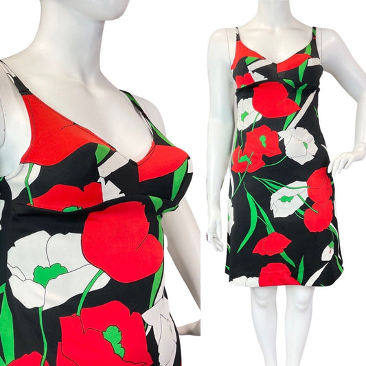 VINTAGE 60s 70s BLACK RED GREEN POPPY FLOWER STRAPPY SUN-DRESS 14