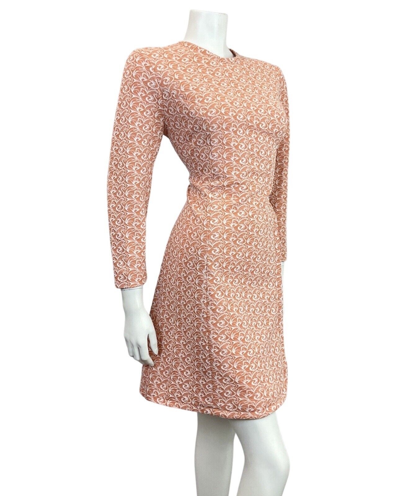 VINTAGE 60s 70s PEACH ORANGE WHITE SWIRL LONG-SLEEVE MOD SHORT DRESS 14 16