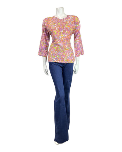VINTAGE 60s 70s PINK PURPLE GREEN DITSY FLOWER PSYCHEDELIC BLOUSE TOP 14