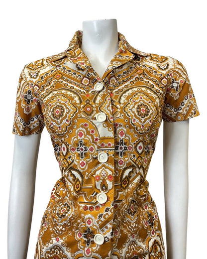 VINTAGE 60s 70s BROWN YELLOW WHITE FLORAL MANDALA BOHO MOD SHIRT DRESS 10