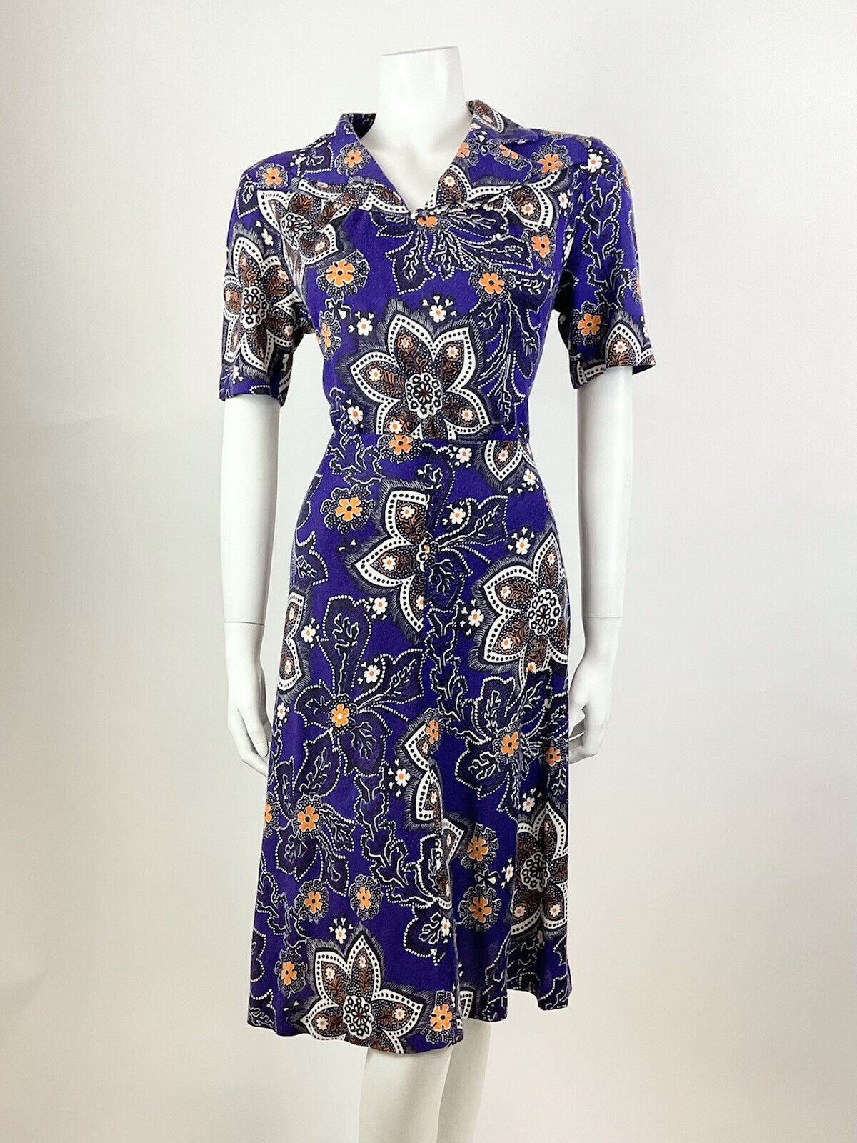 VINTAGE 60s 70s PURPLE WHITE ORANGE PSYCHEDELIC FLORAL DOTTY SHIRT DRESS 12