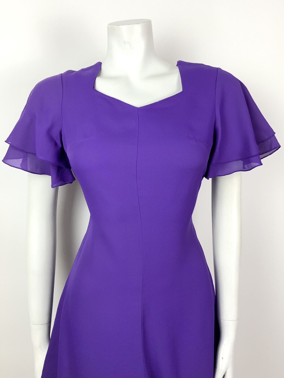 VINTAGE 60s 70s VIOLET PURPLE FLUTTER SLEEVE FLOATY SHORT DRESS 8