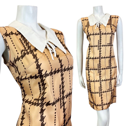 VINTAGE 60s 70s BROWN BRONZE HOUNDSTOOTH CHECKED MOD DAGGER SHIRT DRESS 8 10