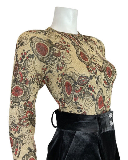 VINTAGE 60s 70s GOLD BLACK RED PSYCHEDELIC FLORAL LONGSLEEVE LUREX BLOUSE 10 12