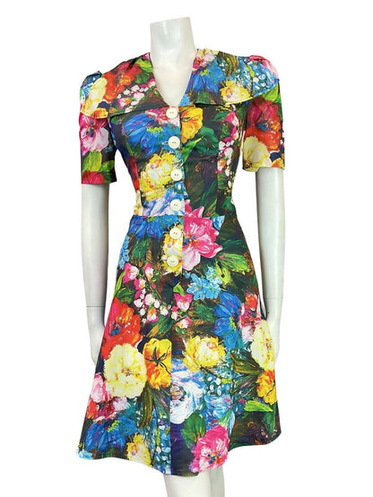 VINTAGE 60s 70s BLUE PINK YELLOW GREEN FLORAL PSYCHEDELIC WING SHIRT DRESS 8 10