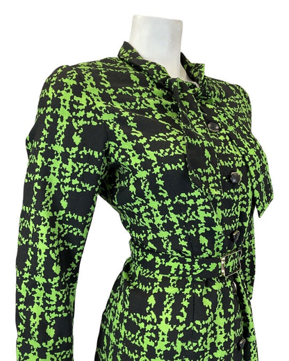 VINTAGE 60s 90s GREEN BLACK PLAID CHECKED PUSSYBOW BELTED MOD DRESS 16