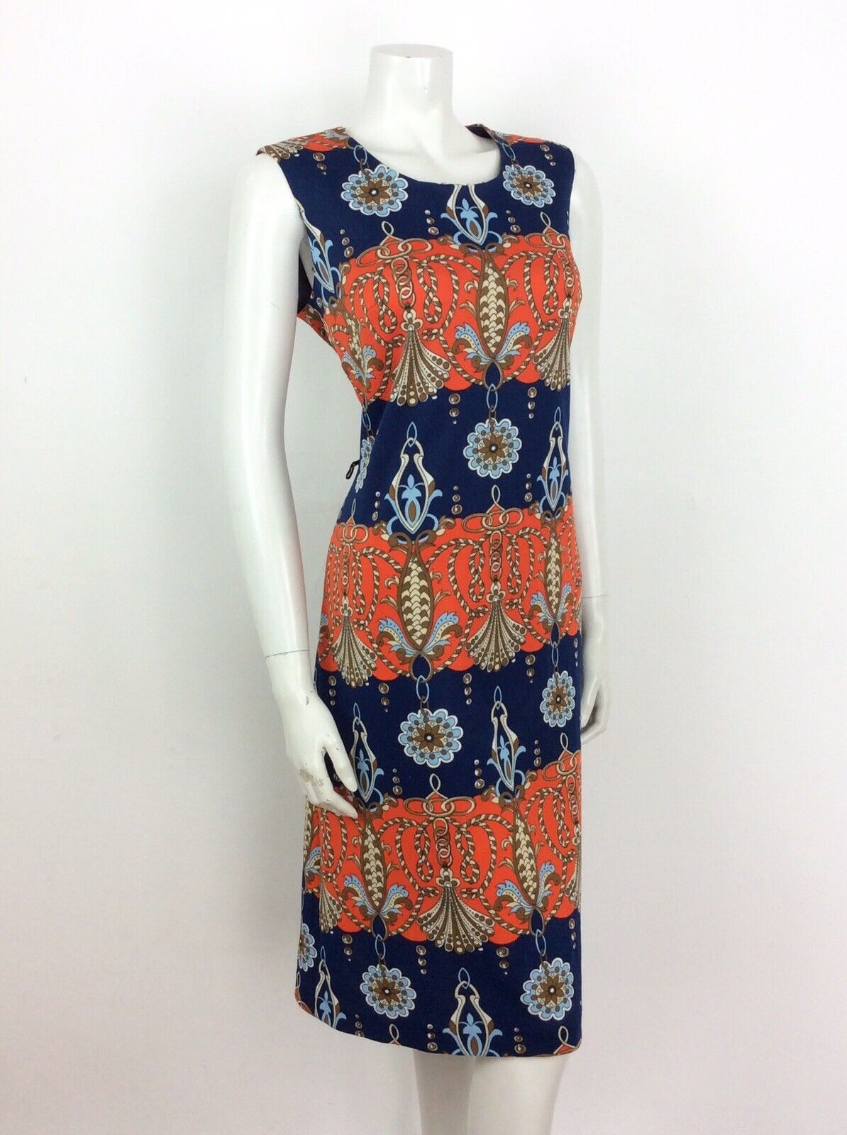 VTG 60s 70s FLORAL ROPE NAUTICAL NAVY BLUE ORANGE RED BROWN SHIFT DRESS 14 16