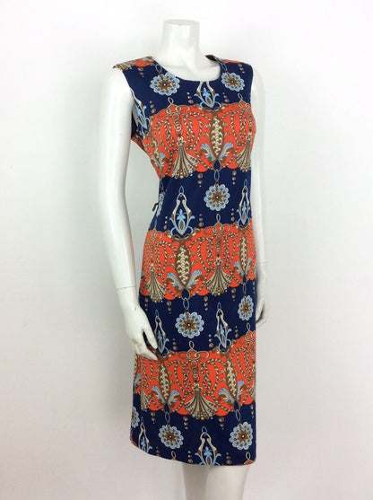 VTG 60s 70s FLORAL ROPE NAUTICAL NAVY BLUE ORANGE RED BROWN SHIFT DRESS 14 16