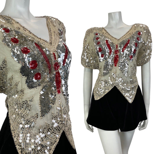 VINTAGE 70s WHITE RED SILVER SEQUIN BEADED BUTTERFLY DISCO GLAM PARTY TOP 12 14