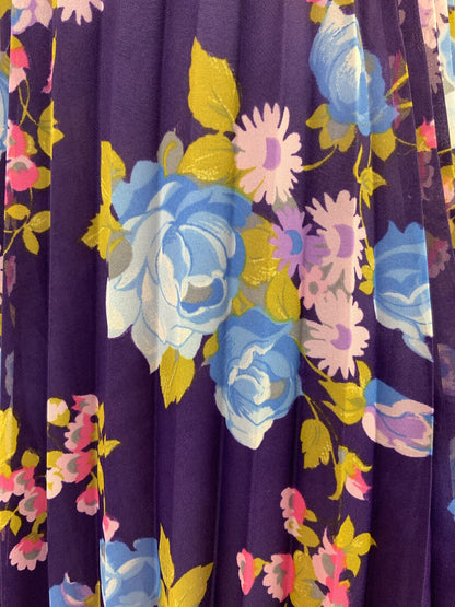 VINTAGE 60s 70s PURPLE BLUE PINK FLORAL ROSE PLEATED BOHO FOLK SHEER DRESS 12 14